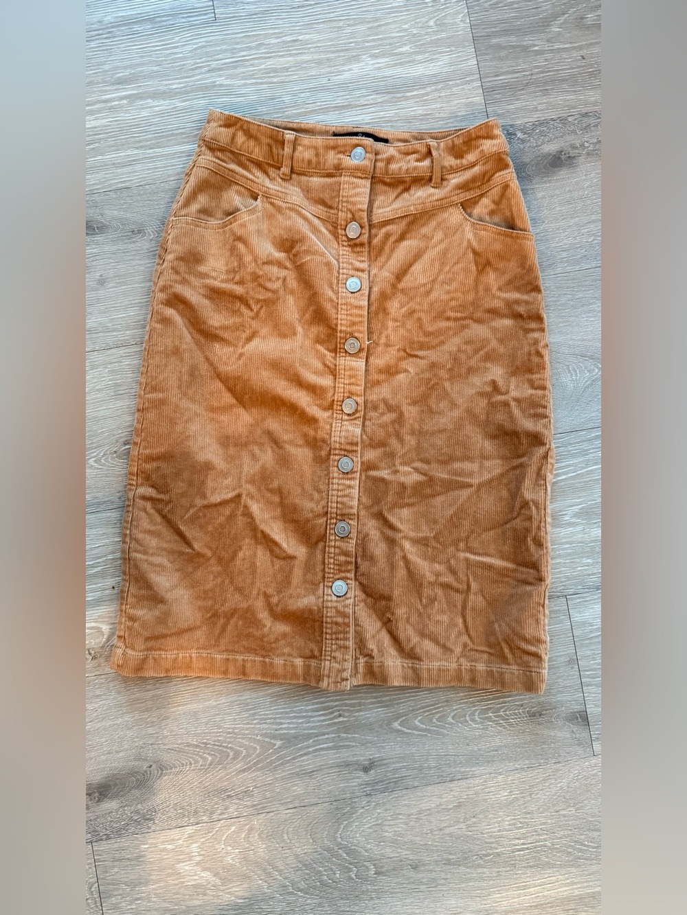 Love Tree Button-Front Corduroy Pencil Skirt in Camel Brown
